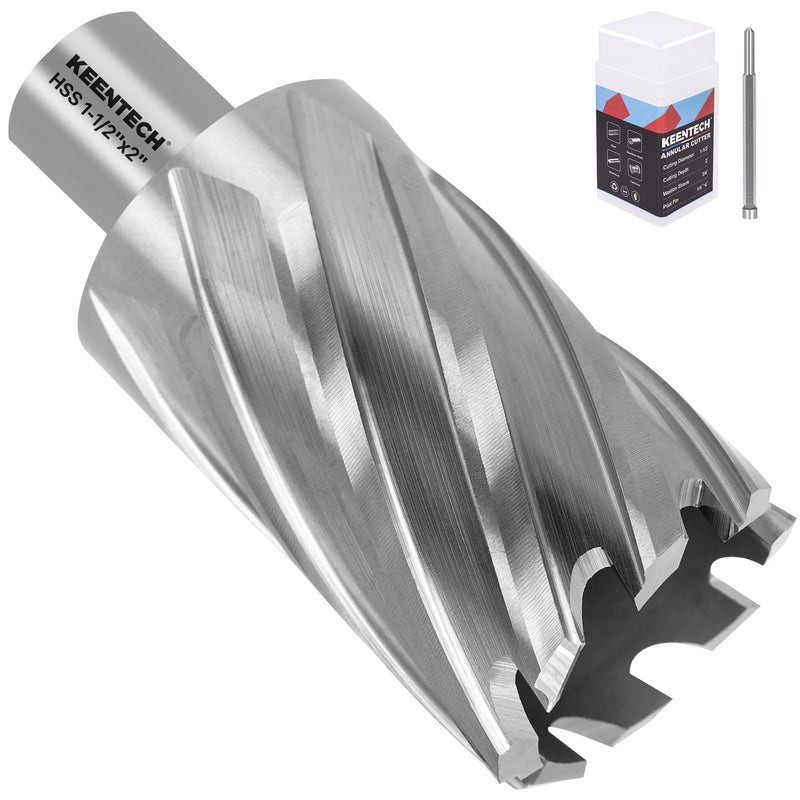 KEENTECH HSS Annular Cutter,1-1/2 Inch Diameter x 2 Inch Depth, 3/4 Inch Weldon Shank (2 Flat), M2AL High Speed Steel Mag Drill Bit with 1/4" x 4" Pilot Pin for Stainless Steel, Cast Iron, Alloy 1-1/2" dia 2" depth