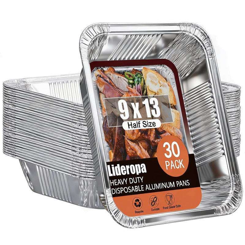30 Pack 9x13 Aluminum Pans, Disposable Half Size Foil Pans | Heavy Duty Aluminum Foil Pans for Baking,Roasting, Meal Prep, Food Storage, Parties, Catering - Oven, Freezer & Grill Safe 30 PACK