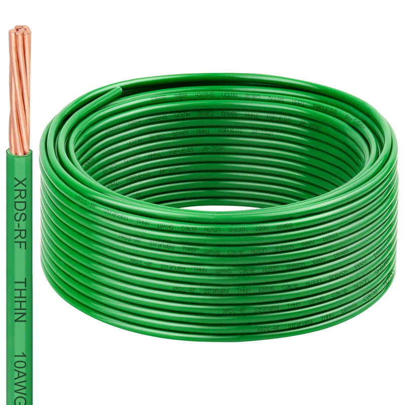 10 AWG THHN Stranded Bare Copper Wire 50FT Green Grounding Wire, Electrical Wire, 600V Rated Building Wire, Ideal for Panel Wiring, Grounding, Lighting Circuits, Control Systems 10AWG 50FT