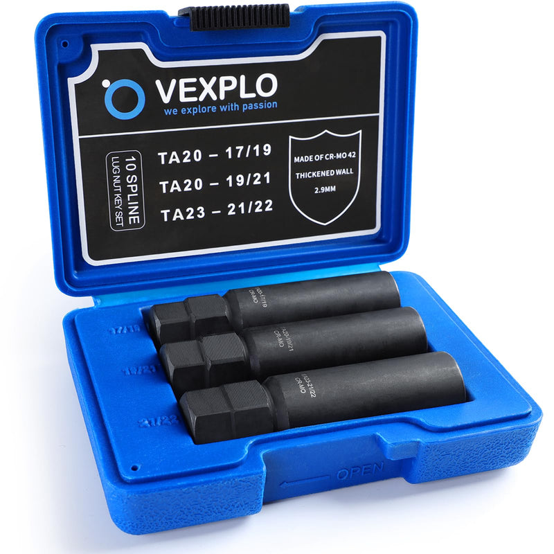 VEXPLO 10 Spline Lug Nut Key Set, Thicker Wall Sturdy 10 Spline Lug Nut Socket Tool for Effortless Removal of Aftermarket 10 Point Locking Lug Nuts (3 Piece Set) 3 Piece Pack