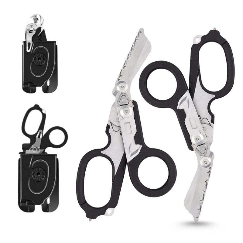 Pack 2 | 6 in 1 Multifunctional Trauma Shears Foldable with Strap Cutter | Heavy Duty Stainless Steel Emergency Response Shears | Survival Shears With Holster | Medical Trauma shears Tactical | Black