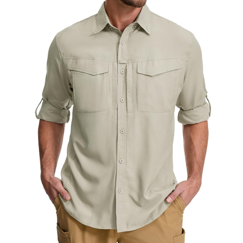mixtiq Men's Sun Protection Safari Shirts Long Sleeve UPF 50 UV Quick Dry Travel Hiking Fishing Shirts with Zipper X-Large Light Khaki