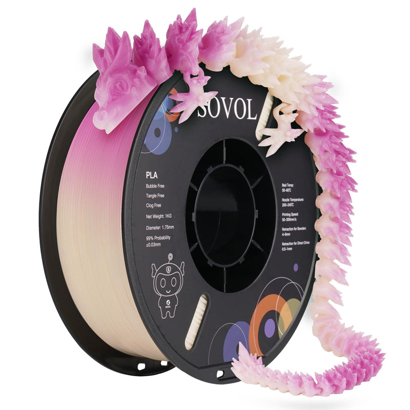 Sovol 3D Printer Photosensitive Filament Single Color Light Change PLA 1kg (2.2 lbs) Spool 3D Printing Materials, Dimensional Accuracy +/- 0.03 mm, 1.75 mm, Light Change Purple 1 KG