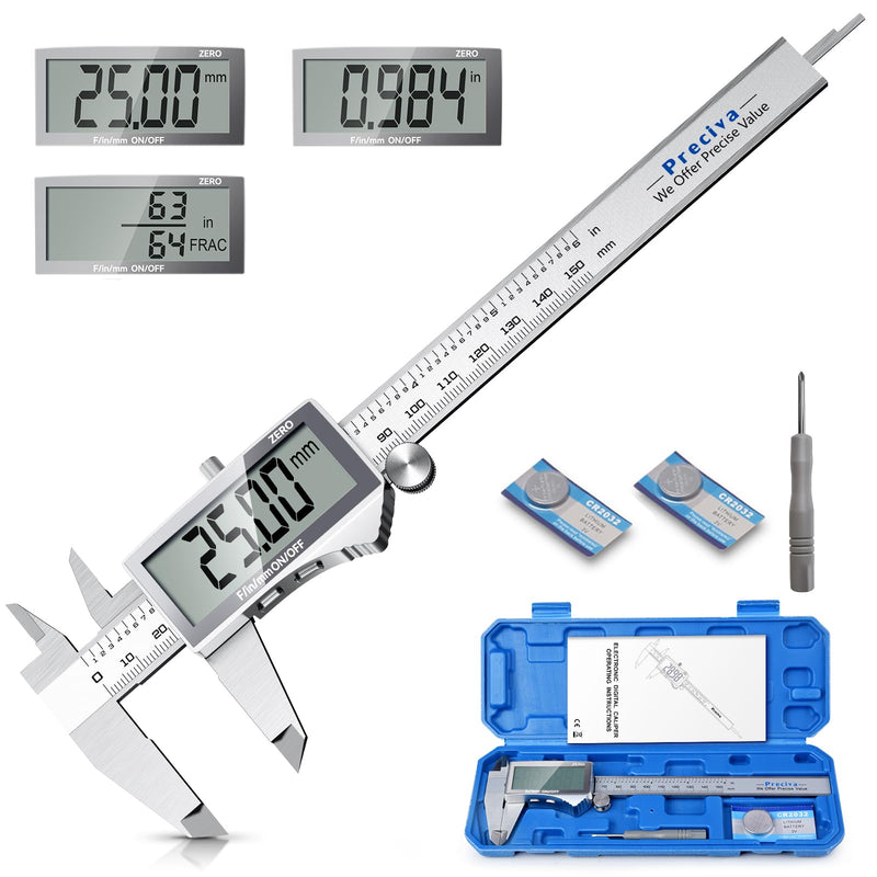 Preciva Digital Caliper, Electronic Stainless Steel Caliper Measuring Tool, Micrometer Calipers with Large LCD Screen, Switch from Inch Metric Fraction, Auto-Off Feature (6INCH/150MM) (White) White