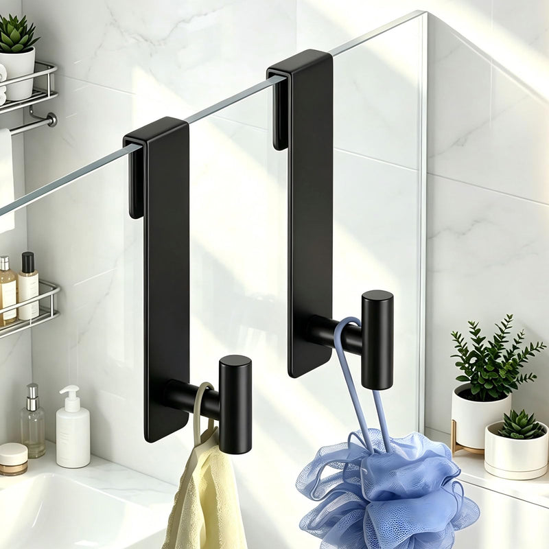 Shower Door Hooks, Heavy Duty Rack Hooks for Robe, Stainless Steel Towel Hooks for Bathroom, Fits Frameless Glass Shower Doors up to 3/8" (10mm) Thick (Black, 2 Pack) "T" Shape- 2 Pack Black