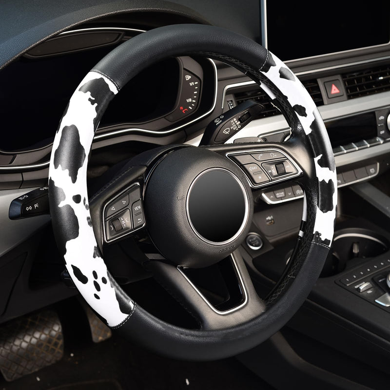 ZHOL 16 inch Steering Wheel Cover Cow Print, Breathable Microfiber Leather Compatible Large-Size for F150 F250 F350 Ram 4Runner Tacoma Tundra Range Rover Model Car Accessories for Women Men Black+White Large Size[15.5"-16"]