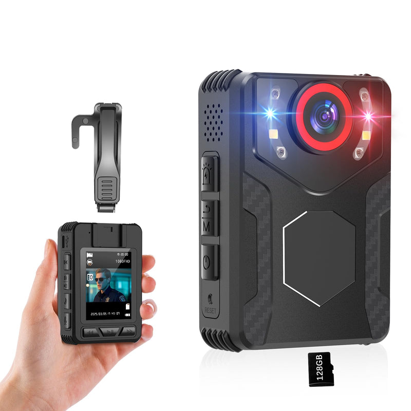 Body Camera with Audio and Video Recording - 1080 FHD Body Cam with IR Night Vision, 128GB Bodycam for Law Enforcement, Security Work, Outdoor Sport, Walking Dogs, Vlogging