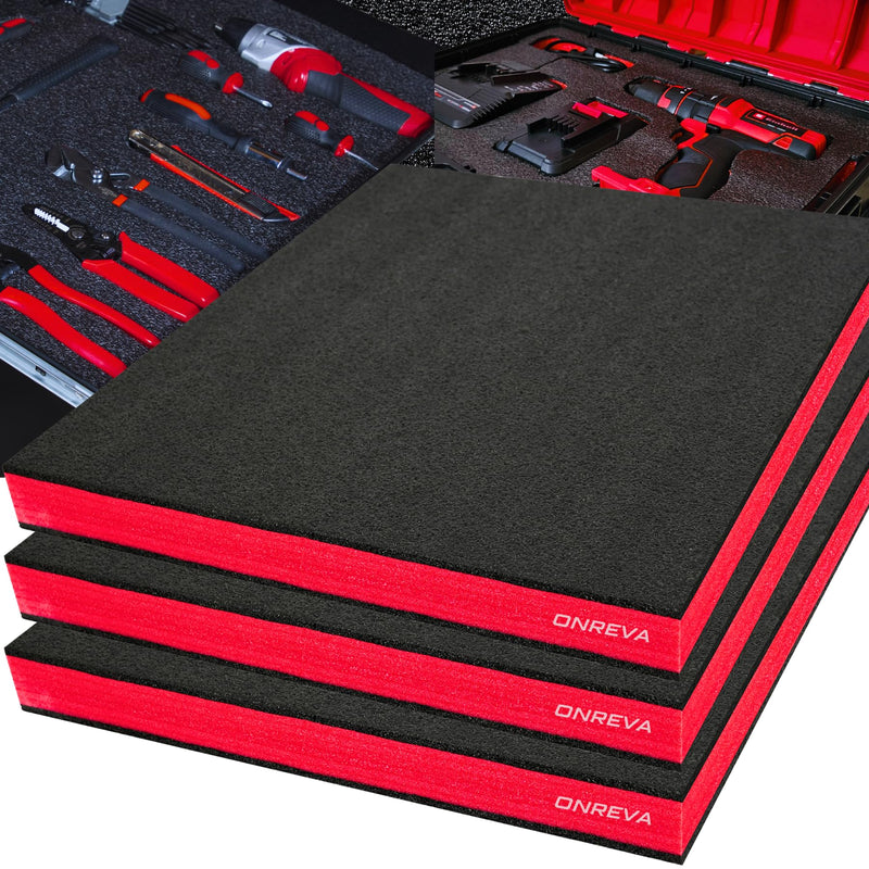 ONREVA Tool Box Foam 22x18x1.5 inch 3Pack, Foam Inserts for Cases, Polyethylene Storage Sheets for Toolbox Hard Case, Tool Shadow Insert, Kaizen Organizer Sheet, Black with Red