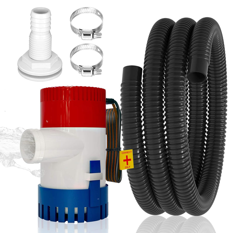 1100GPH 12V Boat Bilge Water Pump, 1-1/8" 6FT Kink-Resistant Bilge Pump Hose, ABS Thru-Hull Fitting, 2PCS Stainless Steel Clamps for Boat Marine Bilge Pump Kit