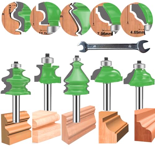 LEATBUY 5 PCS Router Bit Set 1/4-Inch Shank Round Over Raised Panel Cabinet Door Ogee Rail and Stile Router Bits Sets Woodworking Wood Cutter, Wood Carbide Groove Tongue Milling Tool (Round) 6