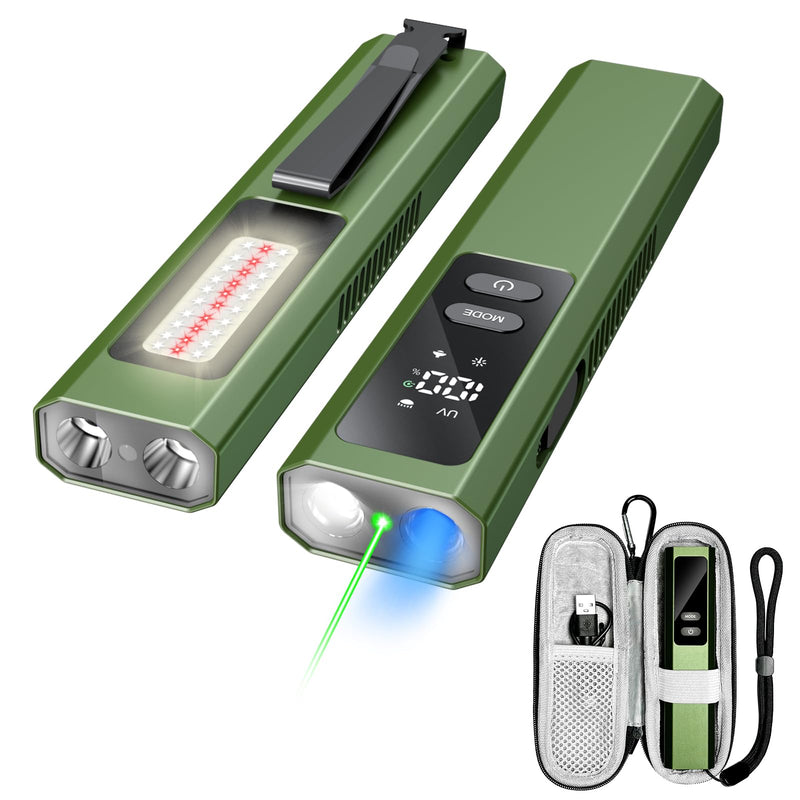 EDC Flat Flashlight High Lumens, Rechargeable Pocket Light with White/Warm LED, UV, Gream Beam, Flash Combo, 4 Bright Modes, Double Magnetic Base, for Outdoors, Emergency, Work, Detection (Green) Green