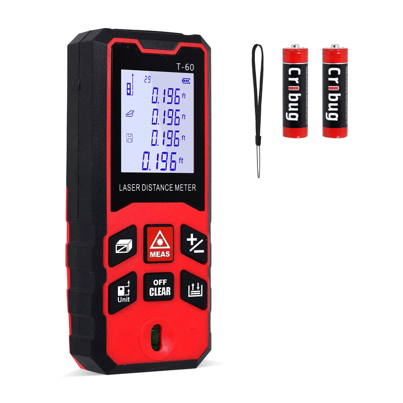 196Ft/60M Laser Distance Meter, ±1/16 Inch High Accuracy Laser Measurement Tool with Backlit LCD Display, Pythagorean/Area/Volume Calculation Mode, M/in/Ft Units, Bubble Level, Durable Design