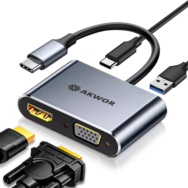 USB C to HDMI VGA Adapter for Dual Monitor, 4 in 1 USB C Hub with 4K HDMI, 1080P VGA, USB 3.0 5Gbps, 100W PD, Laptop Docking Station Compatible for MacBook Air/Pro, Dell XPS, Surface, iMac More