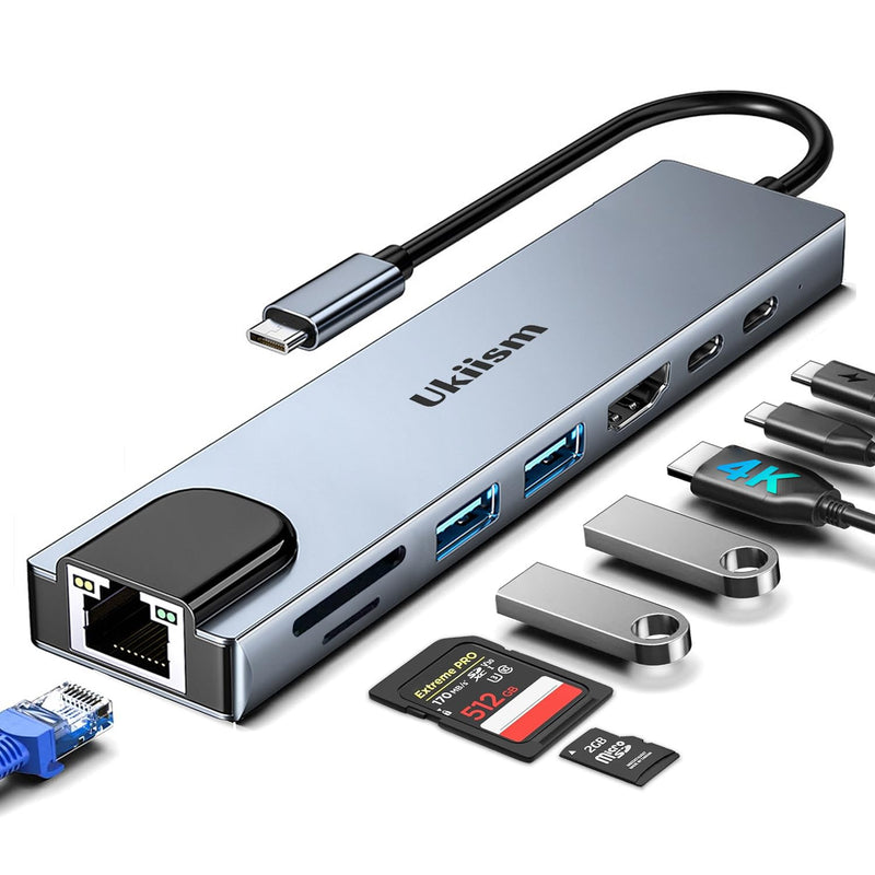 USB C Hub Ethernet HDMI Adapter, 8 in 1 Docking Station with 4K HDMI, RJ45 Ethernet, SD/TF Card Reader, USB 3.0/2.0, PD 100W, LAN USB-C Dongle for MacBook Pro/Air, iPad Pro, XPS, etc 8-in-1