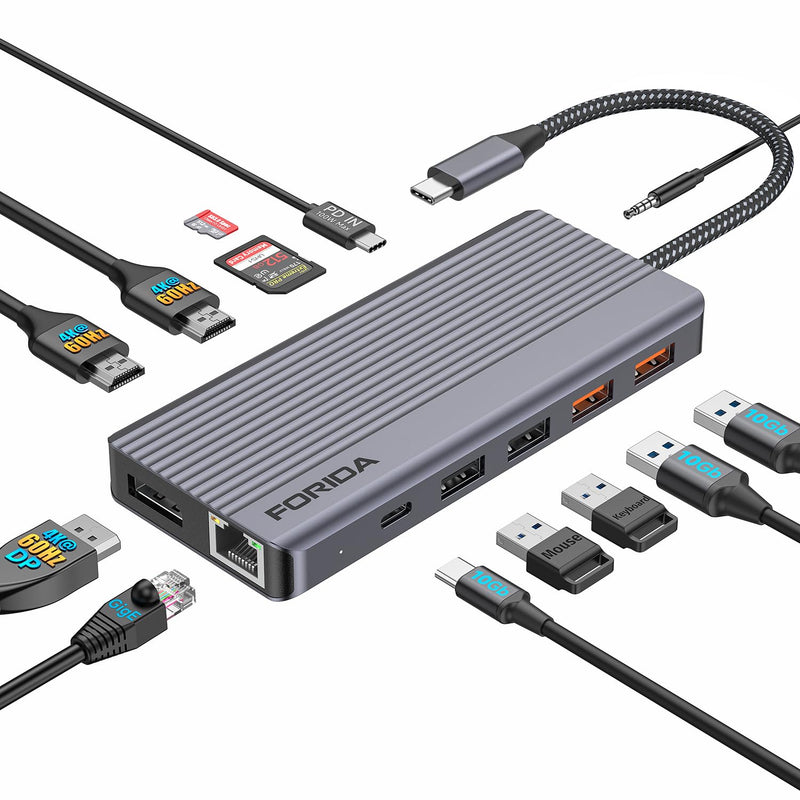 Docking Station Triple Monitors, 13 in 1 USB C Dock with Dual 4k@60HZ HDMI, DisplayPort,100W PD, 3 USB 3.2 Ports, Ethernet, SD TF Card Reader, Audio, USB C Data Port for MacBook/Dell/HP/Lenovo Laptop
