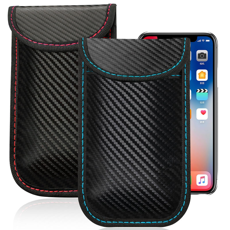 Faraday Bags for Phones and Car Key, Carbon Fiber Surface Signal Blocking Pouch, Go Dark Bags for Cell Phones, Car Key/WiFi/RFID/GPS Signal Blocker with Red Blue Stiching Red and Blue