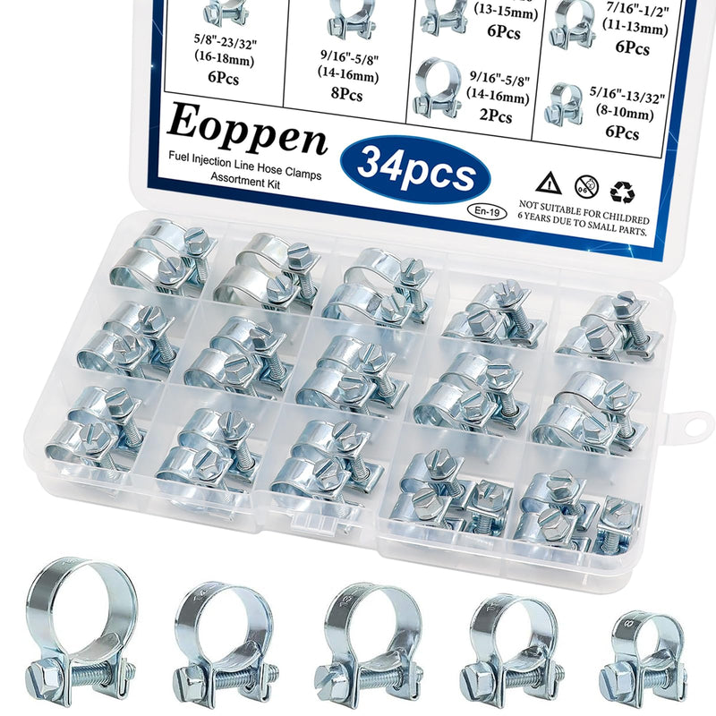 34Pcs 5 Sizes 8-18mm Fuel Line Clamp Assortment Kit, 1/4Inch 5/16Inch 3/8Inch Fuel Injection Gas Line Hose Clamps for Diesel Petrol Pipe