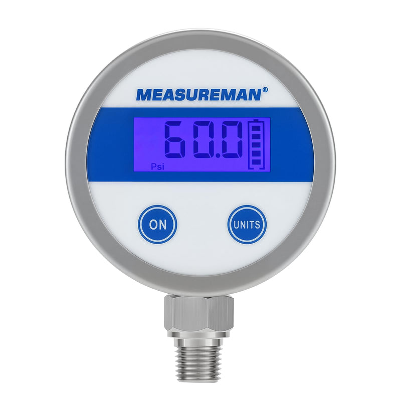 MEASUREMAN Economy Digital Pressure Gauge 2.5" Blue Backlit LCD, 0-60 PSI All Stainless Steel Case 1/4" NPT Connection 1% Accuracy 0-60psi