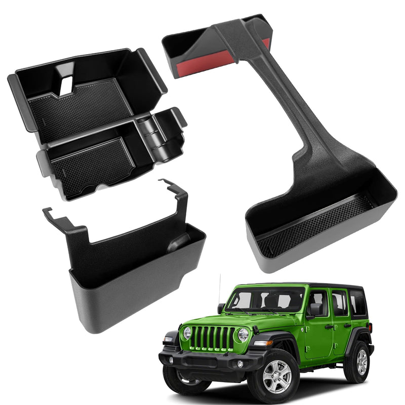 3PCS Center Console Organizer Combo Kit Compatible with 2018-2025 Jeep Wangler JL JLU 4XE Rubicon Sahara & Gladiator JT Accessories, Insert/Hanging Armrest Storage Box & Gear Shift Side Tray