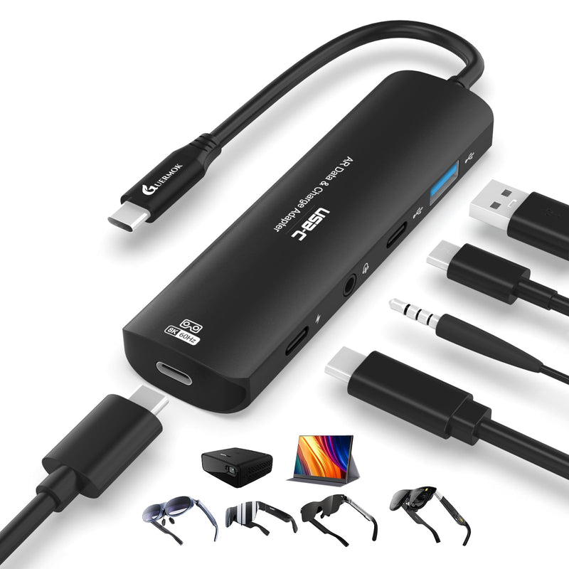 Guermok 5-in-1 USB-C to AR Glasses Adapter, 100W PD Fast Charging, 8K@60Hz Video, USB/USB-C Ports – Works with AR Glasses Devices, Handheld Consoles, Switch, USBC Phones and Laptops, Black