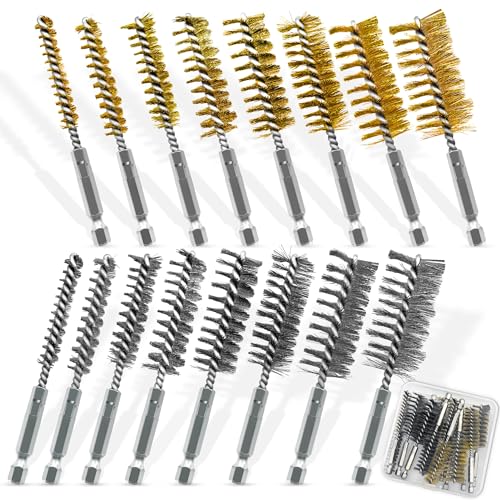 16Pcs Bore Brush Set - 304 Stainless Steel & Brass Drill Wire Bore Brushes Multicolor