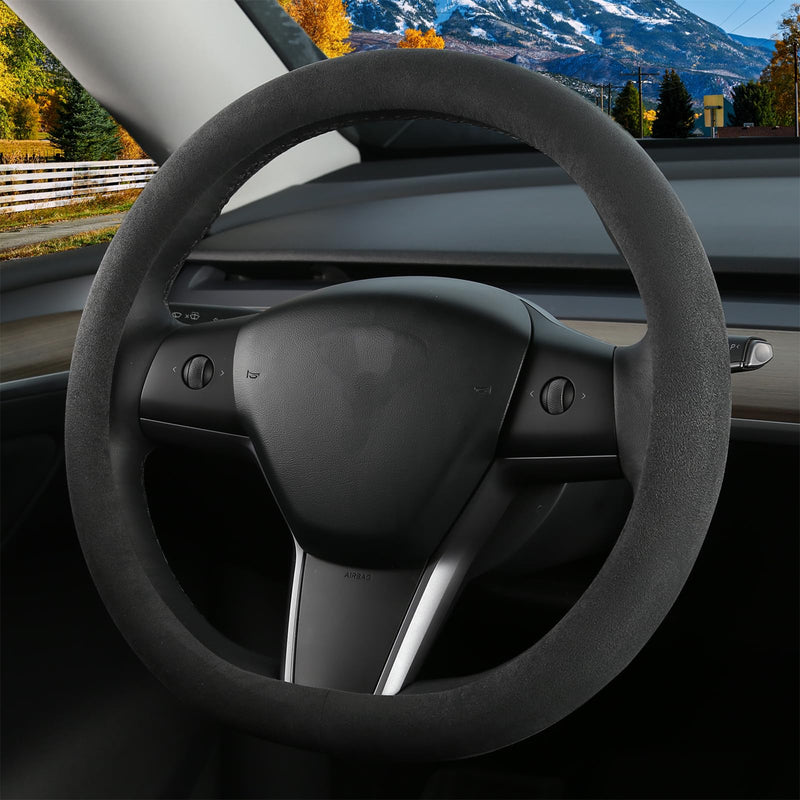 Suede Steering Wheel Cover for Tesla Model 3/Y, Anti Heat, Breathable, Anti-Slip,Leather Steering Wheel Cover 14-14 1/4 in (35.5-36 cm) (Black-02) Black-02