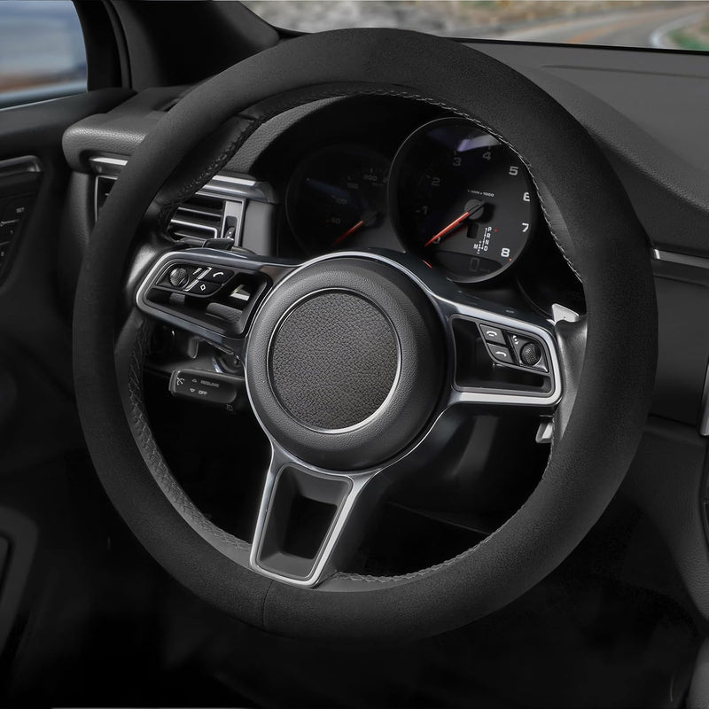 Suede Steering Wheel Cover with Upgraded Silicone Inner Ring, Anti Heat, Breathable, Anti-Slip, Leather Universal 14.5 to 15 inch Steering Wheel Cover (Pure Black) Pure Black