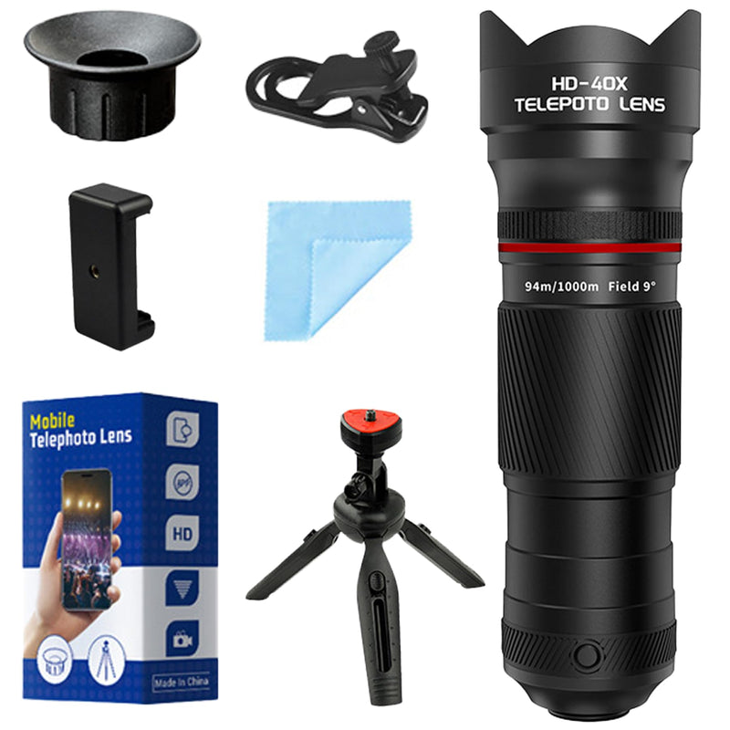 40X Telephoto Lens with Tripod for iPhone Android Phones, 2-in-1 Mobile Phone Camera Lens Kit with Universal Clip, HD Magnifier for Smartphone Photography - Compatible with All Smartphones