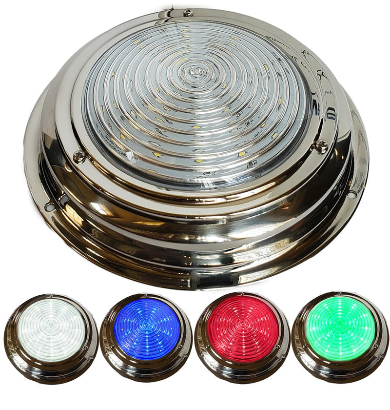Wave One Marine Four Color 7" LED Boat Dome Light 12V RGBW RV | Stainless | Ceiling Cabin Surface Mount | WHITE BLUE RED GREEN | Use External Rocker Toggle Switch To Change Colors (External Switch) EXTERNAL Color Switching