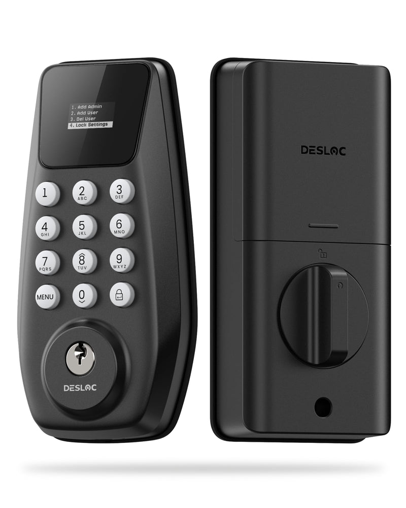 DESLOC C100 Keyless Entry Door Lock with Visual Display, 100 Customizable User Codes and 4 One-Pass Code, Door Locks for Front Door with 2 Keys,12 Months Battery, IP54, BHMA Grade 3, Auto Lock, Black Kepad