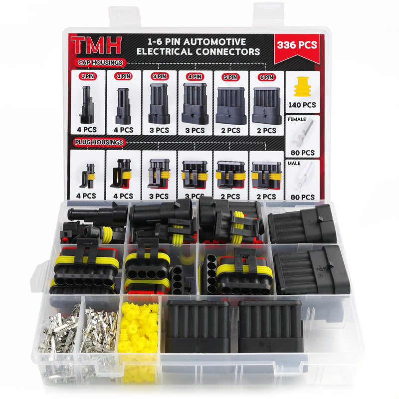 TMH 336 Pcs 1/2/3/4/5/6 Pin Electrical Connector Kit 22-16 AWG, Automotive Electrical Wire Terminal Connectors Male&Female Pin Automotive for Car Truck Motorcycle Marine Boat 1/2/3/4/5/6 Pin (336 Pcs)