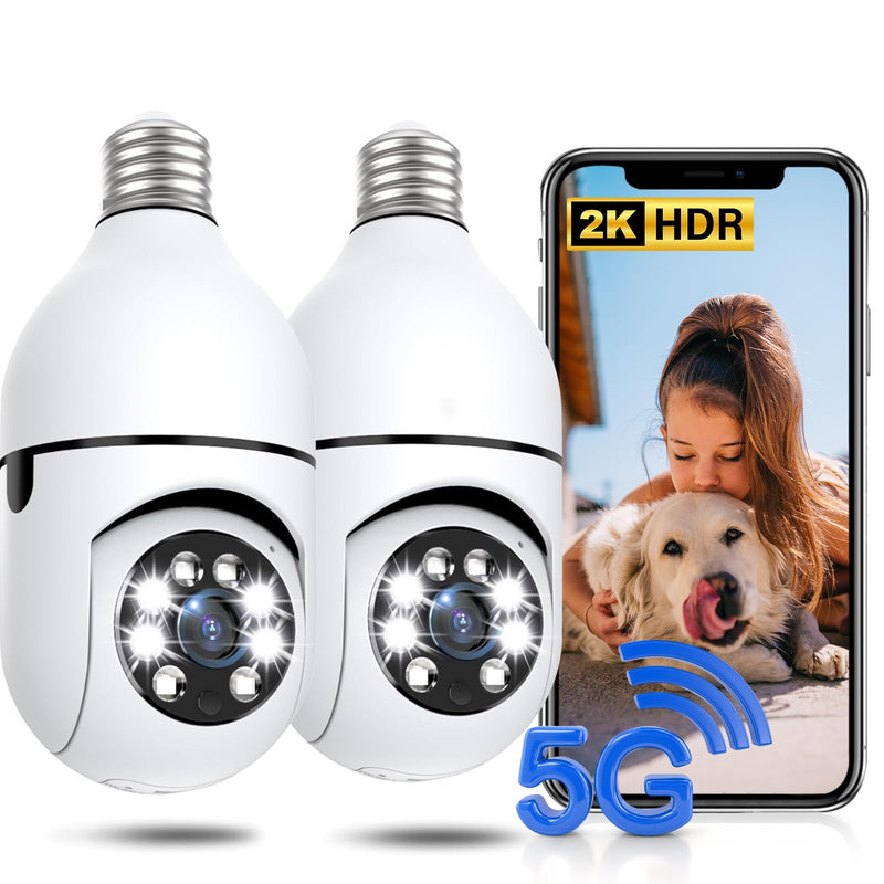 Light Bulb Security Camera 2 Packs, 5G&2.4GHz 2K Security Cameras Wireless Outdoor 360° PTZ Cameras for Home Security with Color Night Vision, 2 Way Talk, AI Human Detection, Screw in Light Socket White 2pack