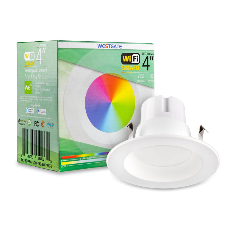 Westgate TC-RDPS4-10W-RGBW-WIFI 4 Inch Round LED Trim Downlight, 10W, White Finish - Compatible with Alexa, Works with Google, Ceiling Light, Multi CCT from 2700K to 5000K