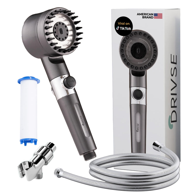Drivse Filtered Shower Head for Hard Water | Ion Drops High Pressure Handheld Shower Head with Stainless Steel Hose | 3 Spray Modes | Tool-Free Install | Softer Skin & Healthier Hair
