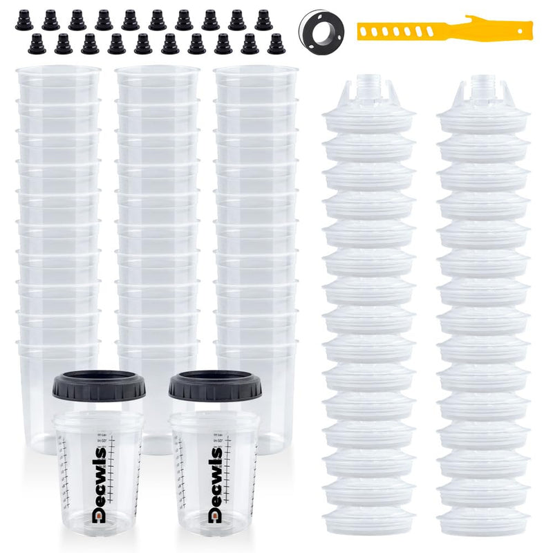 Disposable Paint Cups 6 Ounce(165ml), Mini Paint Mixing Cups with Lid and 30 Pack Paint Cup for Automotive Spray Gun, 125-Micron Filter, 2 Hard Cup with Retainer Ring, 20 Plugs, 1 Stirrer, 1 Seal Tape