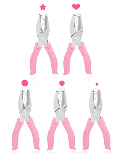 UCEC 5pc Metal Handheld Single Hole Punch, Small Hole Puncher for DIY Craft Heart+Star+Circle Pink 5