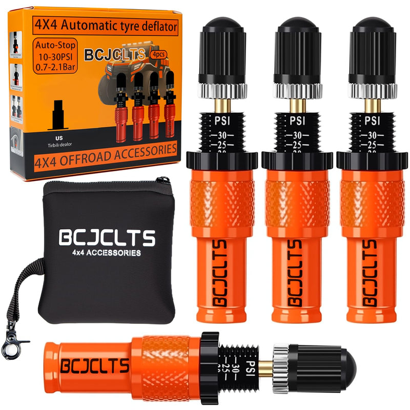 Adjustable Auto-Stop Tire Deflator Valve Kit (10-30 PSI) Tire Air Down Tool Offroad 4x4 Screw-on Automatic Tire Deflators. (4, Orange) 4