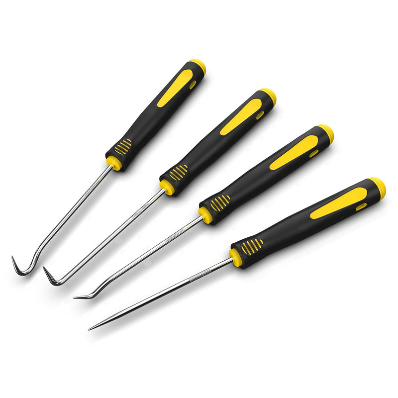 Precision Hook and Pick Set, 4-Piece Automotive O Ring Pick Set, Mechanic Pick Tools with Ergonomic Handle, Knurled Shaft for Automotive, Electronics, Gunsmith Tools
