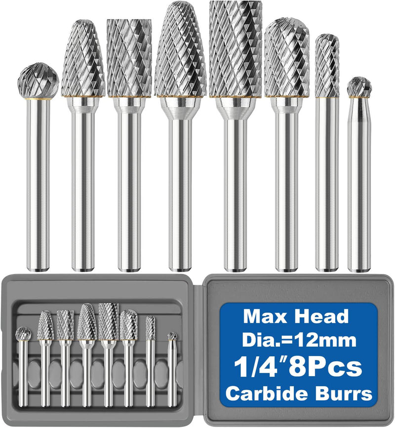 Sworker 8Pcs Carbide Burr Set 1/4 Shank w/Grey Flat Box Max Head Dia 12mm Die Grinder Bits Rotary Tools Attachment Kit Accessories Metal Wood Stone Steel Grinding Deburring Cutting Porting Carving Grey Case