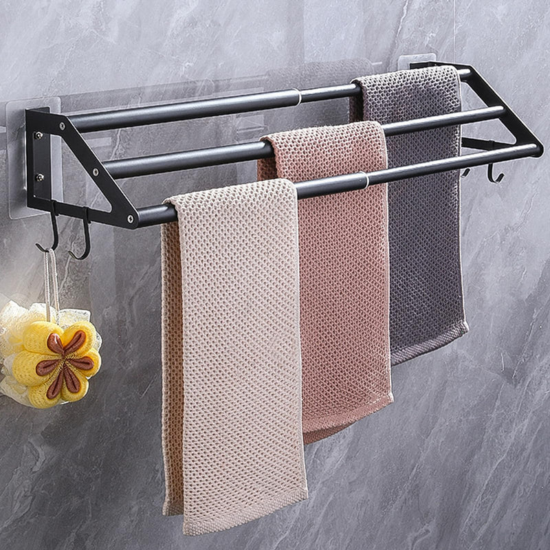 3-Layers Bathroom Towel Bar Wall Mounted Adhesive or Screw Mounting, 13.5"-24.5" Adjustable Bath Towel Holder Rack Stainless Steel Black Hand Towels Rod Hanger with Hooks for Home Kitchen Toilet