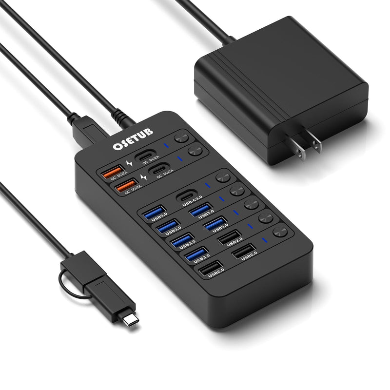 14-in-1 Powered USB Hub, USB Data Hub w LED Individual On/Off Switches for MacBook/PC/Steam Deck & External HDDs, 6 USB 3.0,3 USB 2.0,2 USB-A/C Charging,1 USB-C 3.0,1x PD 60W,1x Type-B for HDD Dock