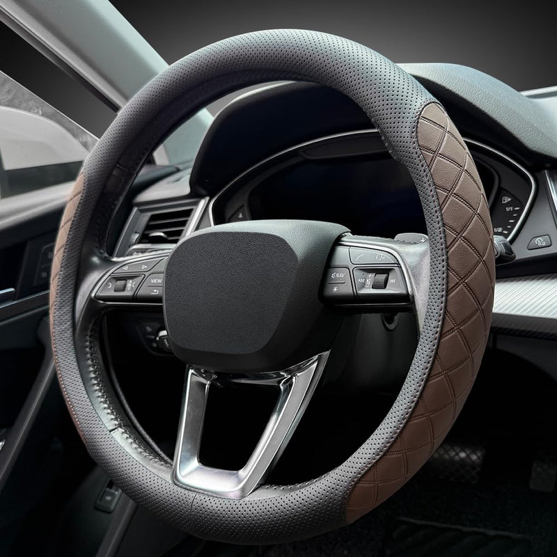 LKWLIKEI Nappa Leather Steering Wheel Cover,Elegant Diamond Checkered Design, Non-Slip wear-Resistant, Enhance Driving Comfort, Suitable for Steering Wheel Diameter 14 1/2‘-15’ Models.Black Brown Black Brown