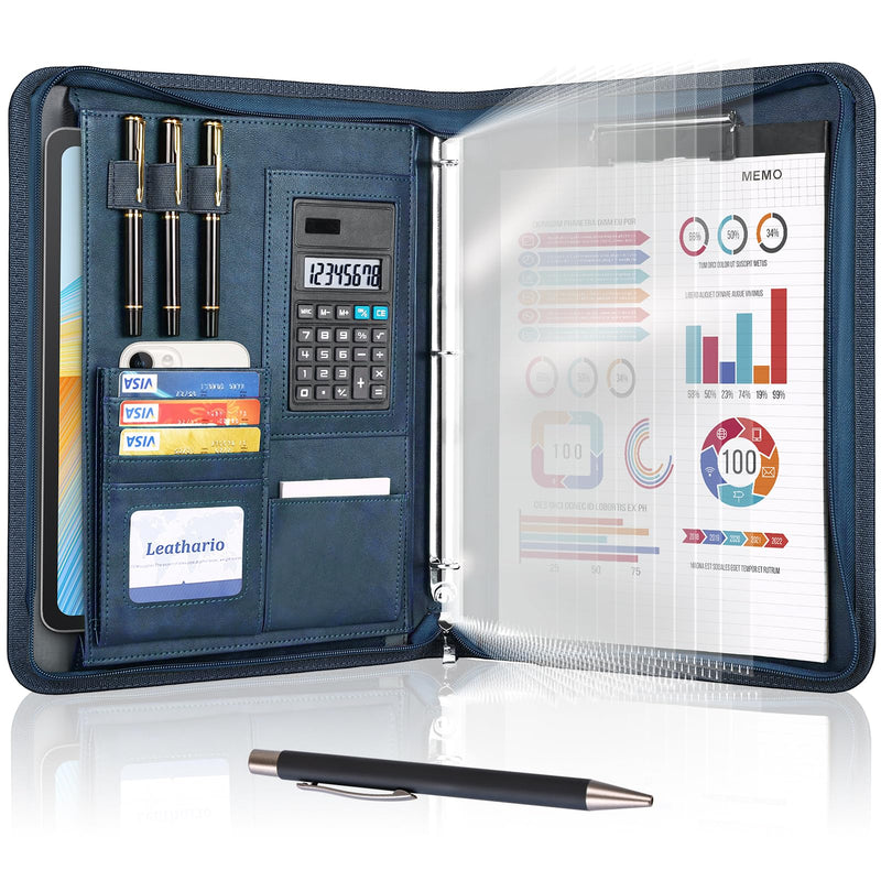 Leathario Portfolio Binder, 3-Ring Folder Organizer, Includes 5 Sheet Protectors and a Pen, Vegan Leather A4 Padfolio for Tablets, Business Conferences Professional Document Organizer, Office Supplies Blue