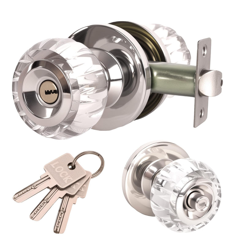 Crystal Door Knobs with Lock and Keys, Keyed Entry Glass Door Knobs, Exterior and Interior Door Lock with Keys, Clear Diamond Door Knob for Bedroom Bathroom, Stain Nickel, 1 Pack