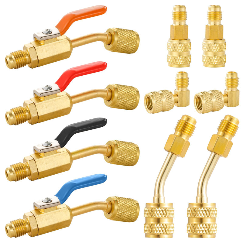 AC Refrigerant Angled Compact Ball Valve Set, 10pcs Air Conditioning Refrigerant Ball Valve 1/4 with R410A Mini Split Adapters 5/16" Female to 1/4" Male, Low Loss Fittings HVAC Tools 4 Ball Valve + 6PC R410A Adapter