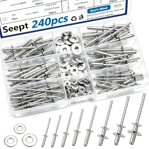 240pcs Steel Rivets with Washers 7-Sizes 304 Stainless Steel Pop Rivets Assortment Kit 1/8",5/32",3/16" for Metal,Furniture,Automotive,Instruments Silver Steel Rivet+Washers