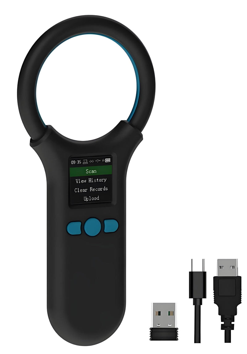 Pet Microchip Scanner, Animal Universal Microchip Tag Reader Scanner with 1.44” TFT Screen, 500 Pieces Data Storage, 800mAh Rechargeable Battery, 3-in-1 Connections Black