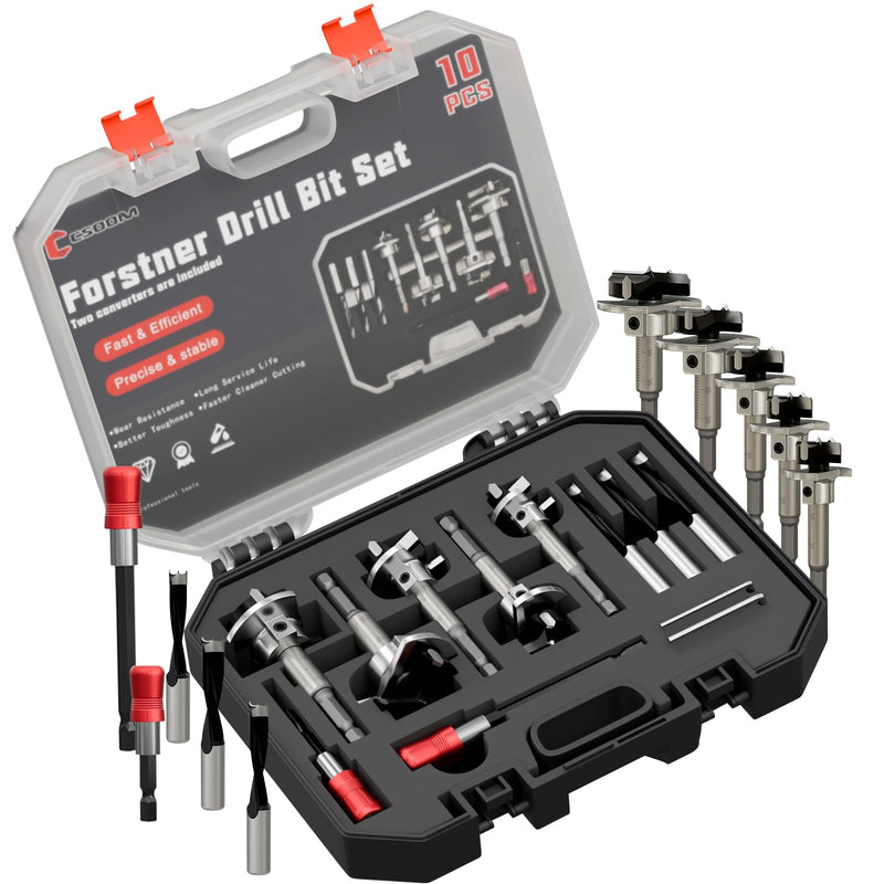 CSOOM 10 Pcs Forstner Bit Set, Hex Shank Wood Drilling Bits | Carbide tipped cutting heads, hex shank compatible with most drills, cuts hardwood, softwood, plywood and plastic 10PC