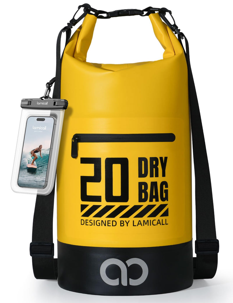 Lamicall Waterproof Dry Bag with Phone Pouch - 5L/10L/20L/30L/40L Floating Roll Top Backpack for Kayaking Boating Beach Camping Fishing - Heavy Duty 500D PVC Marine Dry Sack for Men,Women, Yellow 20L Lemon Yellow