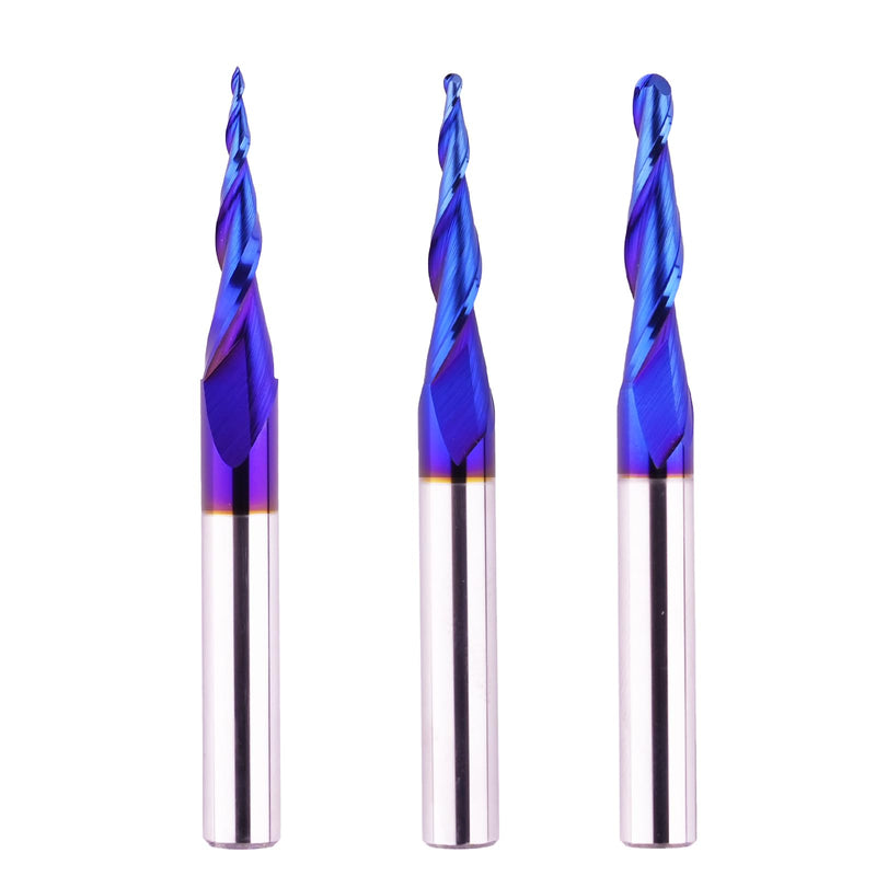3 PCS CNC Router Bits 1/4" Shank 2D&3D Carving Tapered Angle Ball Nose Solid Carbide Spiral End Mill for Wood Carving Engraving 3 PCS Set